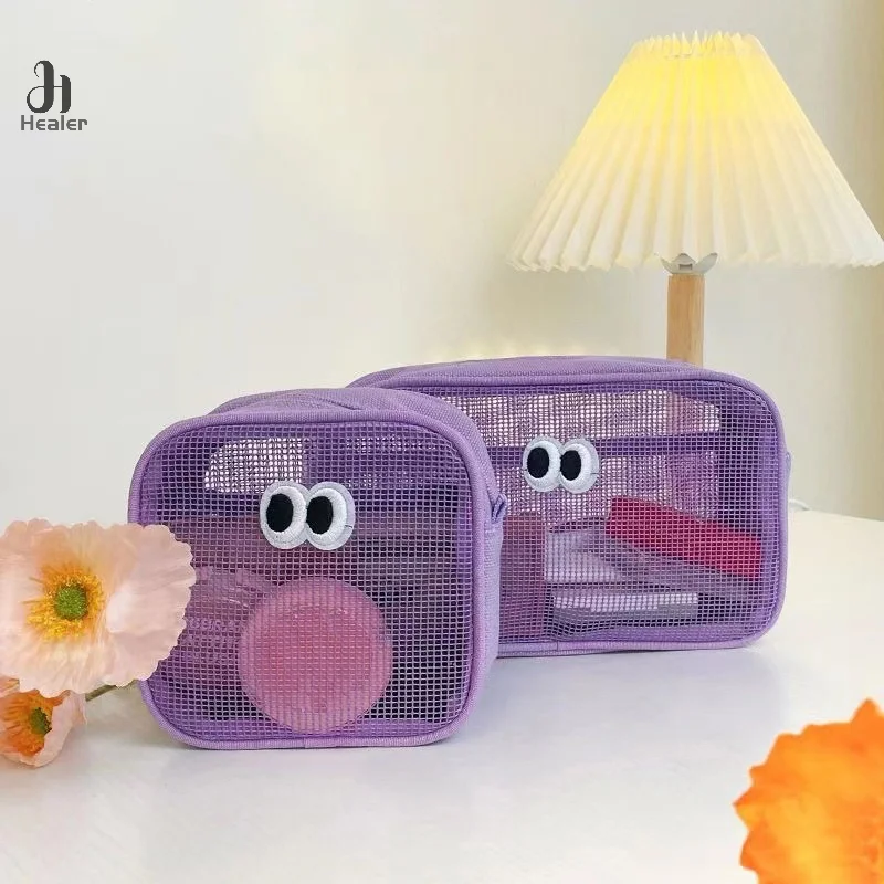 Mesh Cosmetic Bag Cute Big Eyes Make Up Case Kawaii Makeup Pouch Makeup Case Portable Toiletry Storage Bag New Candy Color