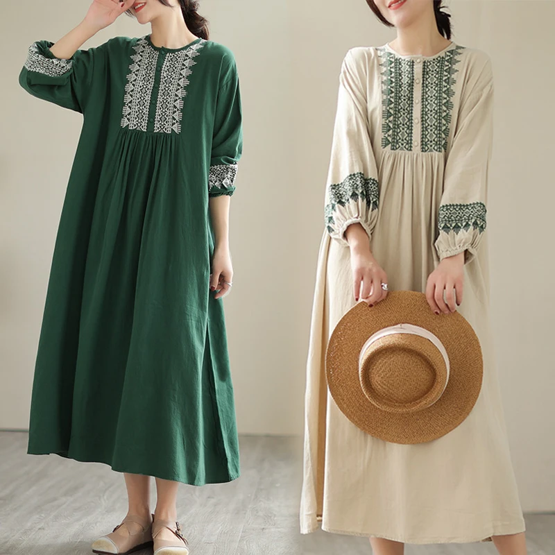plus Size Slimming Dr Ethnic Sle Loose Lantern Sve Heavy Embroidery Cotton Linen Skirt A-Line Midi Dr Spring