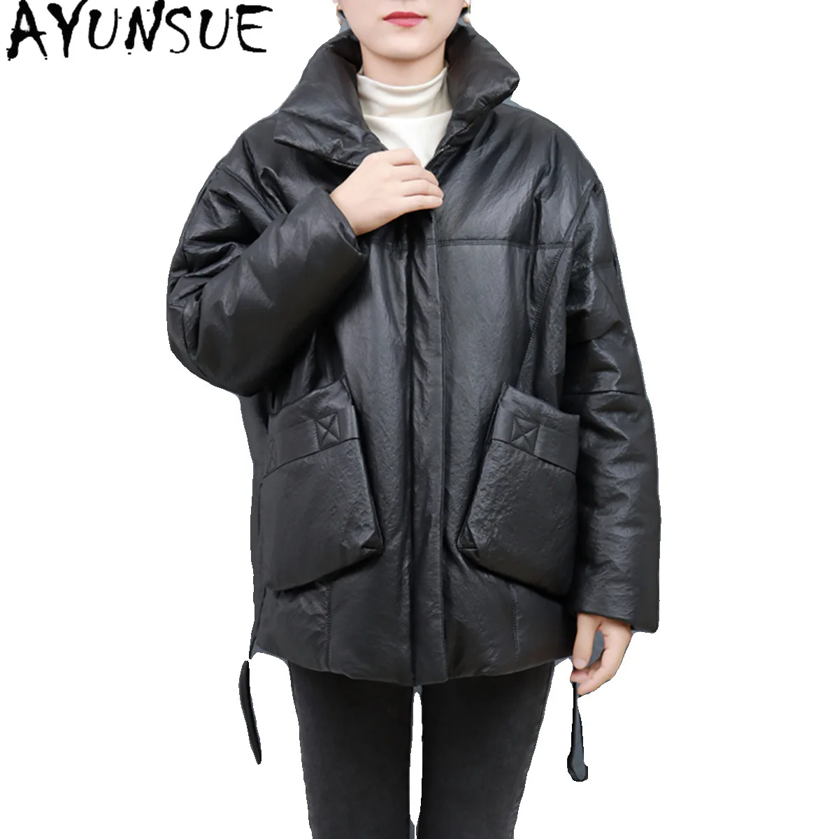 سترة نسائية من الجلد الطبيعي من AYUNSUE ملابس شتوية 2025 معطف متوسط الطول من جلد الغنم للنساء فضفاض مناسب Jaqueta Couro