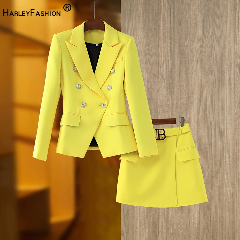 High Street Spring Summer Chic Designing Fresh Yellow Blazer Skirt Suit Two Pieces Sets with Blet Beautiful Women Clothing