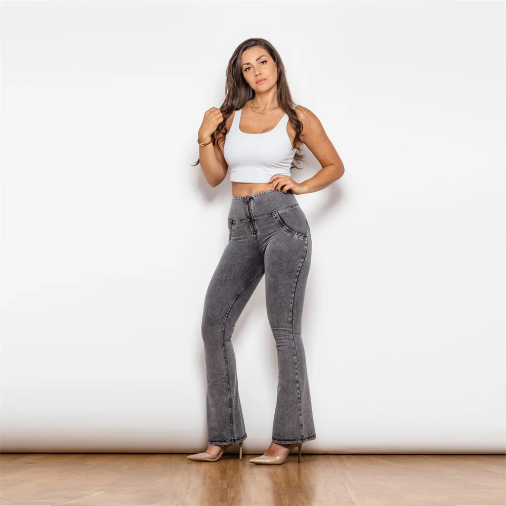 Shascullfites High Waist Flared Jeans for Women Grey Stretch Denim Slim Fit Street Style Car Flare Tight Pant view 5