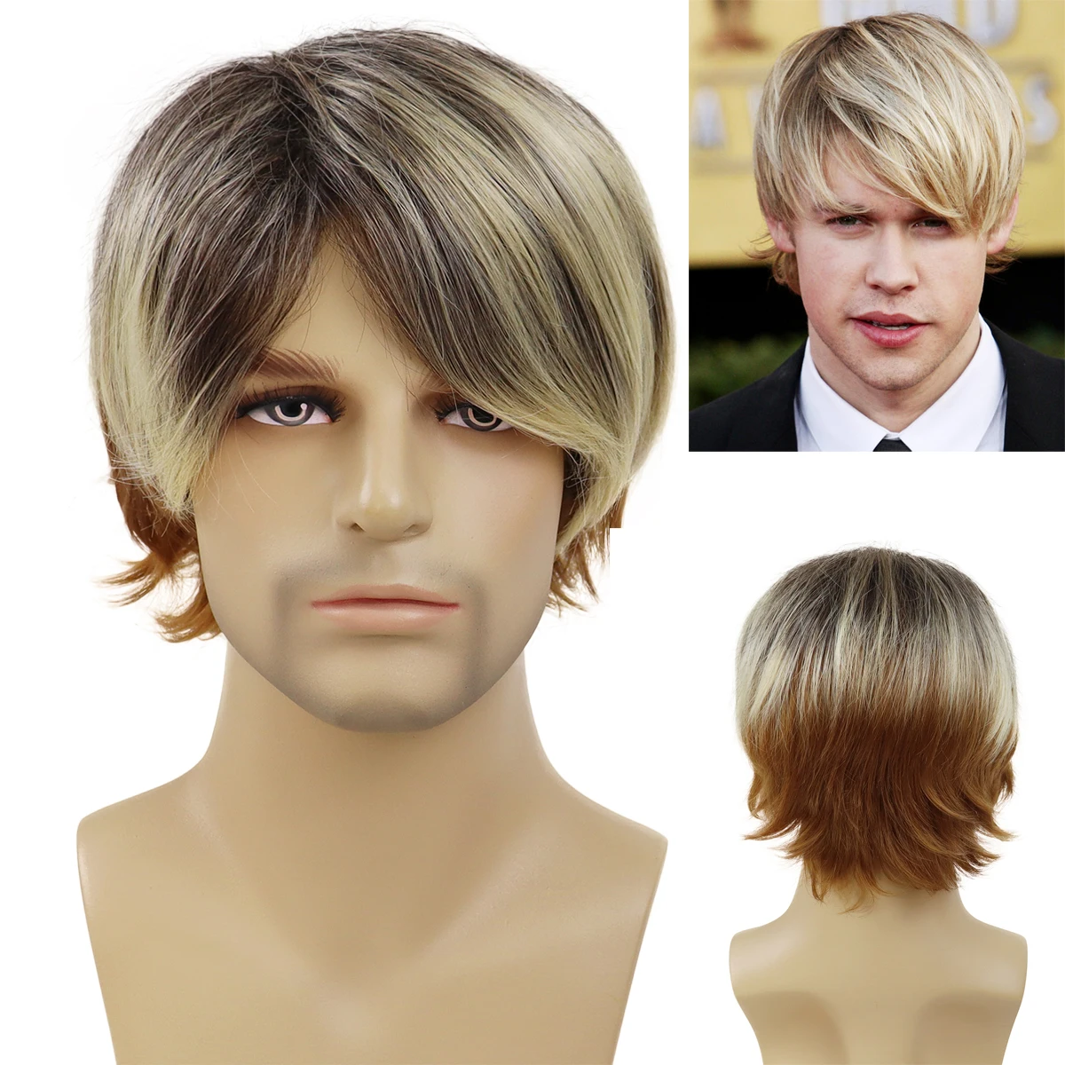 

Brown Mixed Blonde Wigs Synthetic Short Haircuts Wig with Bangs for Men Male Wig Daily Cosplay Halloween Costume Heat Resistant