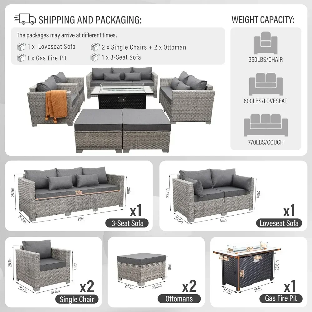 Garden Furniture Set 7 Piece, Patio Couch Sets Chair, PE Rattan Sectional with 45" Fire Pit Table, Garden Furniture Set