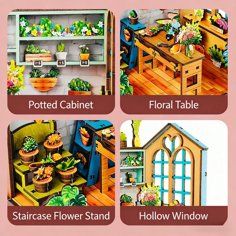 OUZEY Floral Art Shop Book Nook, drewniana miniatura 3D do samodzielnego montażu, kreatywny prezent na biurko dla nastolatków