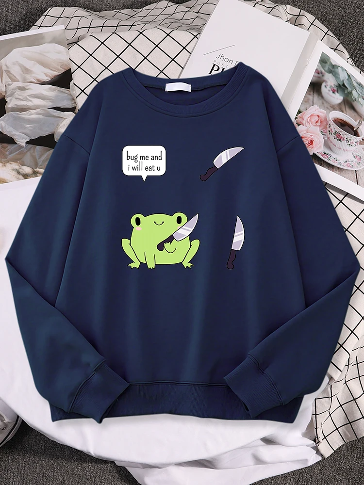 Women Sweatshirts Cute Frog Bug Me And I Will Eat U Print Sweater Lady Oversized Pullover Street Kawaii Animal Female Sweatshirt