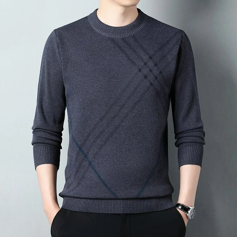 Autumn Winter New Middle Aged Men\'s Warm Sweater Han Simple Temperament Solid Jacquard Screw Thread Round Neck Pullover Knit Top