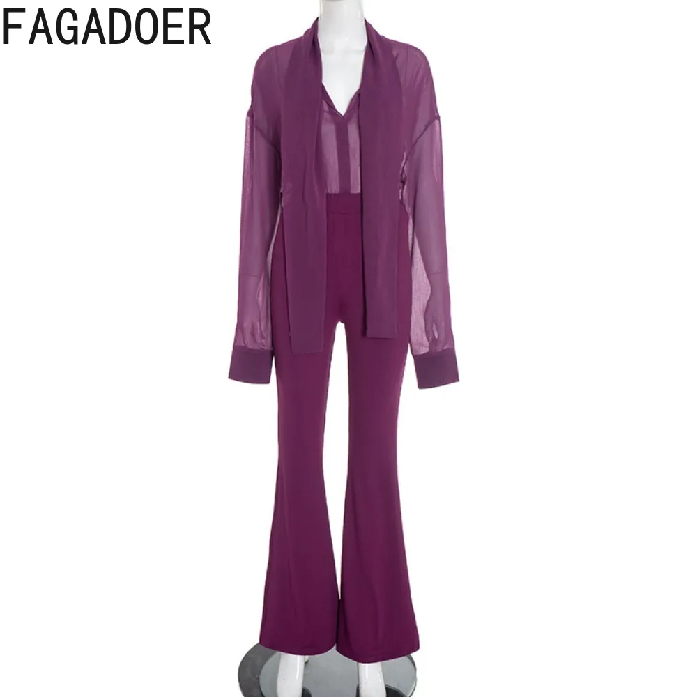 ชุดเซ็ต 2 ชิ้นสำหรับผู้หญิง FAGADOER ผ้าตาข่ายแต่งพู่ แต่งผ้าต่อกัน สีพื้น เสื้อครอปแขนยาวและกางเกงขาบาน สไตล์สตรีทแวร์