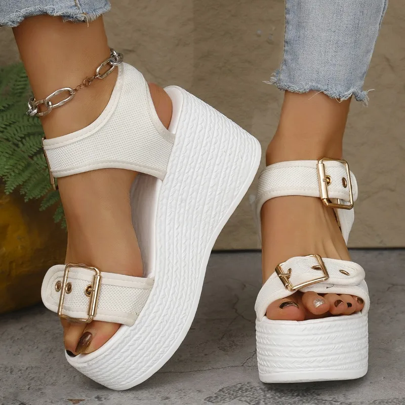 

Summer New Denim Sandals Women Thick Bottom Height Increase Belt Buckle Leisure Beach Shoes 8.5CM High Heels Wedegs Sandales