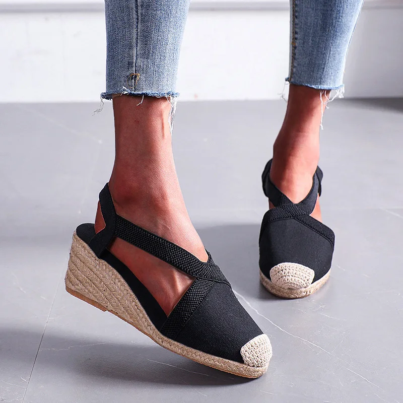 

2024 Straw Slope Sandals For Women Ladies' Retro Wrap Toe Shoes Wedges High-heel Casual Beach Sea Side Daily-wear Plus Size