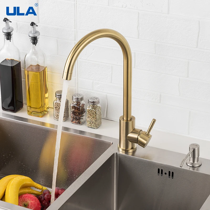 ULA Kitchen Faucet Gold Stainless Steel 360 Rotate Kitchen Tap Faucet Deck Mount Cold Hot Water Sink Mixer Taps Torneira