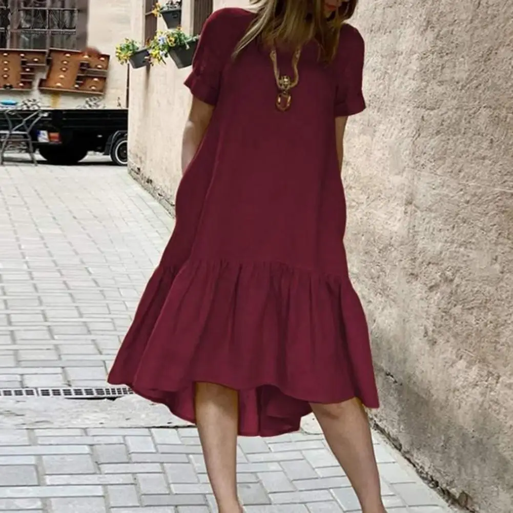 

O Neck Dress Ruffle Hem Patchwork Women's Summer Dress O Neck Short Sleeves A-line Knee Length Casual Soft Daily Beach Midi