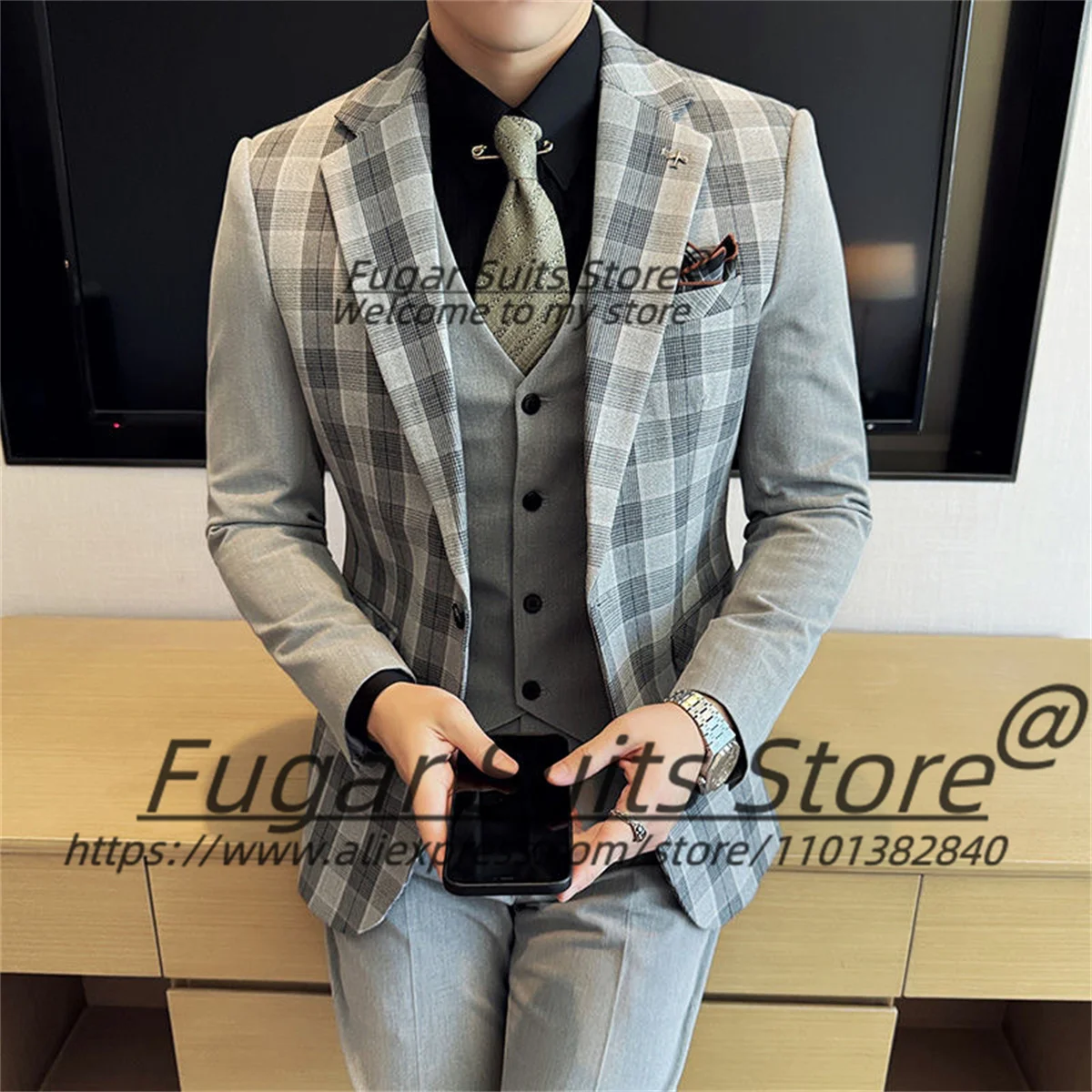 

Italian Style Classic Banquet Men Suits Casual Plaid Man Prom Tuxedos Customized Slim Fit 3Pieces Sets Male High-qublity Blazers