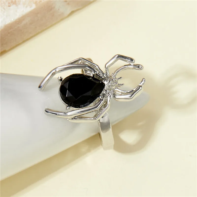 Gothic Punk Unregelmäßige Spinne Öffnung Ring Frauen Männer Mode Zirkon Schwarz Kristall Dark Tier Ring Hip Hop Party Finger Schmuck – Detail 3