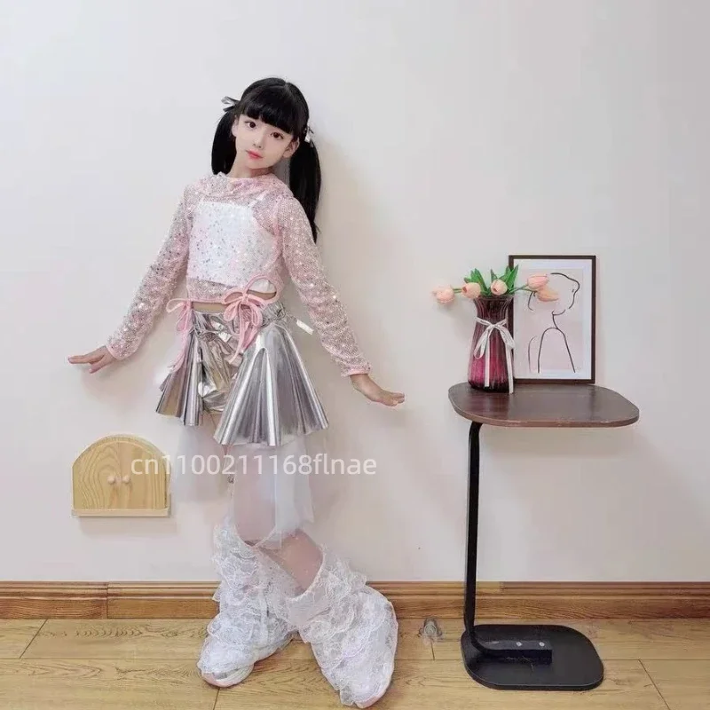 زي أداء رقص الجاز للأطفال، سترة ترتر للرقص في الشوارع للفتيات، تنورة بنطال جلدي، ملابس أداء للمشي على المسرح #3