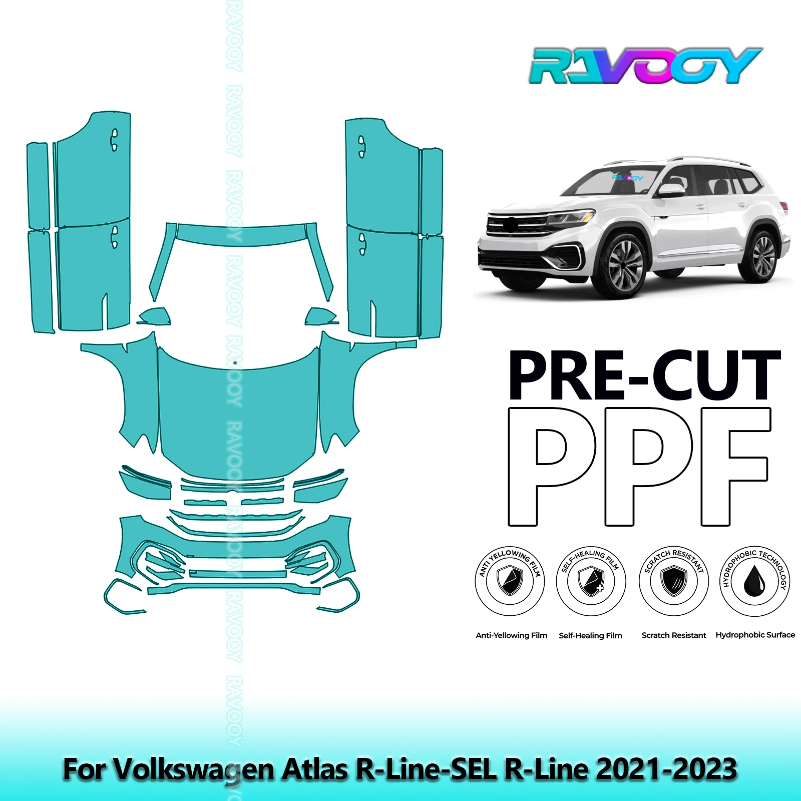 RAVOOY Custom-Fit Precut TPU PPF Front Kit+Doors Clear Bra Stone Guard EU UK For Volkswagen Atlas R-Line-SEL R-Line 2021-2023