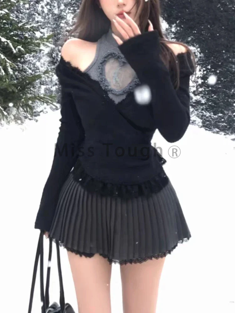 Autumn Winter Fake Two Lace Heart Knots Tops Sexy Slim Base Shirt Women's Inner Clothes Korean Fashion Design Casual T-Shirts