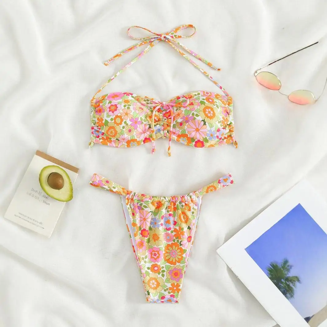 Women Sexy Fresh Floral Print Swimsuit,Mini Micro Thong Swimsuits,String Lace-up Beachwear,Extreme Bathing Suit Bikini Set Trend