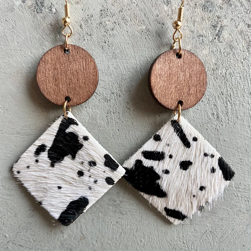 2024 Wholesale Leopard Print Horsehair Cowhide Wood Stitching Earrings Bohemian Cow Pattern Geometric Wood  Fashion Earrings