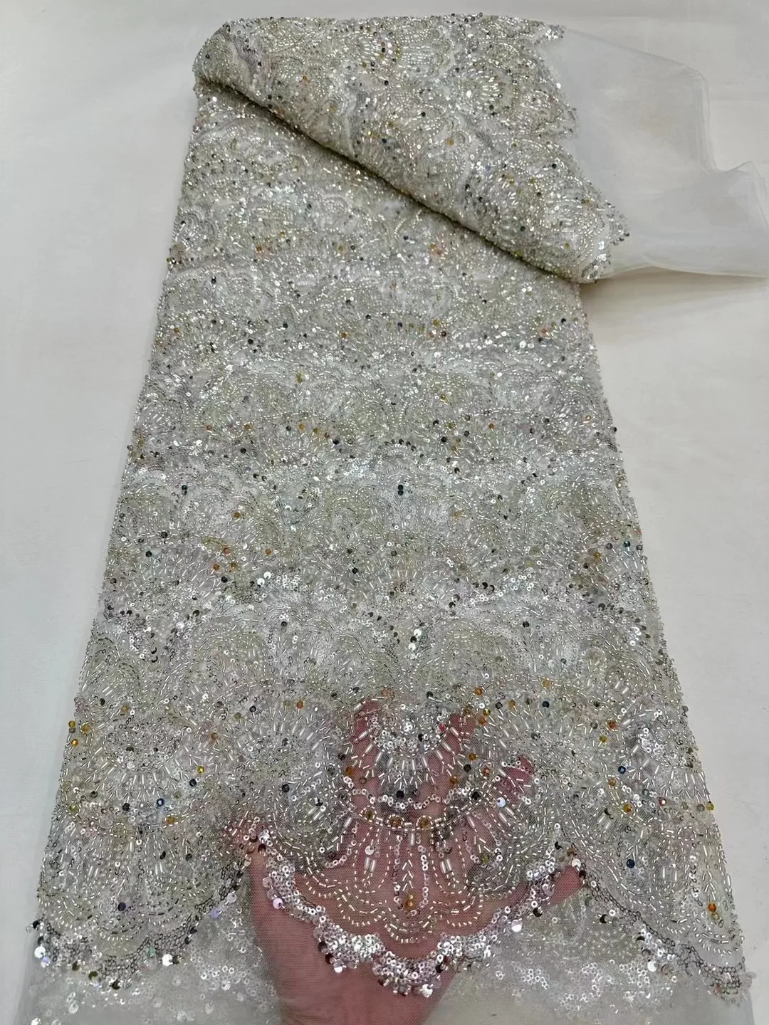 White High Quality African Gradual Beaded Fabric Sequins French Tulle Lace with Crystal Bead for Party Dress Dubai Mesh Material