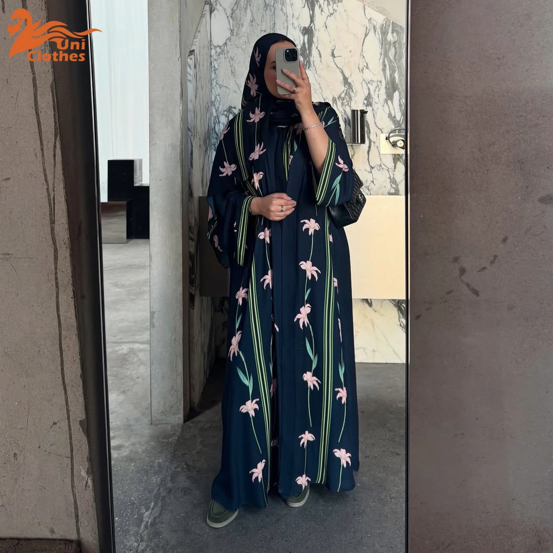 

UNI 2025 скромная открытая абая с принтом и платком, внешний женский халат, костюм из двух предметов, модный кардиган на Ближнем Востоке, Дубай, Абая