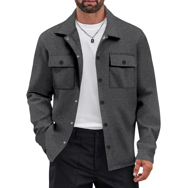 Men Lapel Button Down Jacket Fleece Lined Workwear Casual Long Sleeve Shacket For Autumn Winter