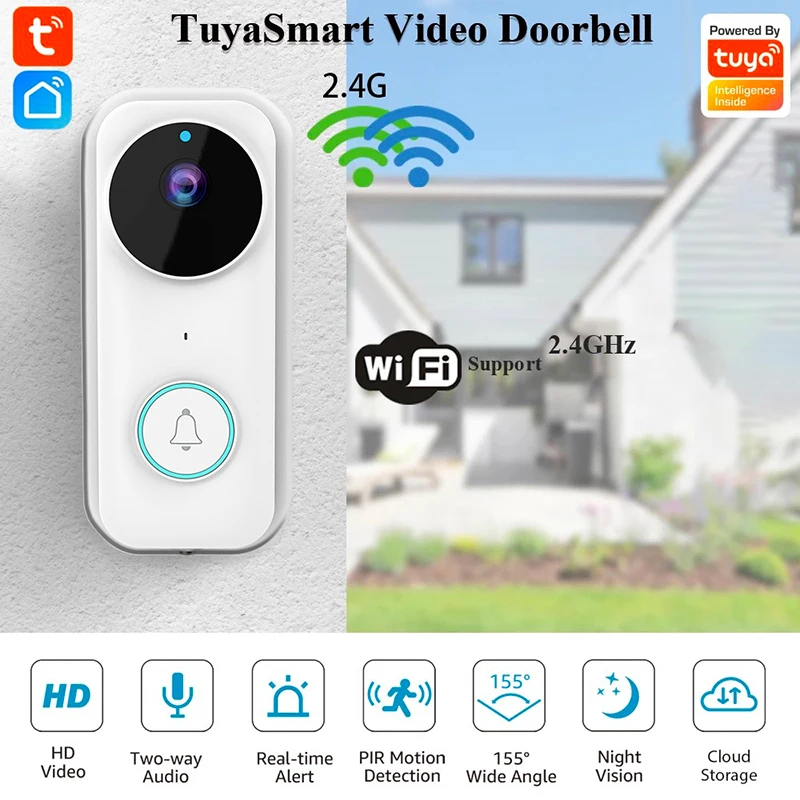 Tuya APP Door Bell Night Vision 2.4GHz WiFi Smart Security Doorbell Two-way Audio Smart Video Doorbell with Microphone HD Camera