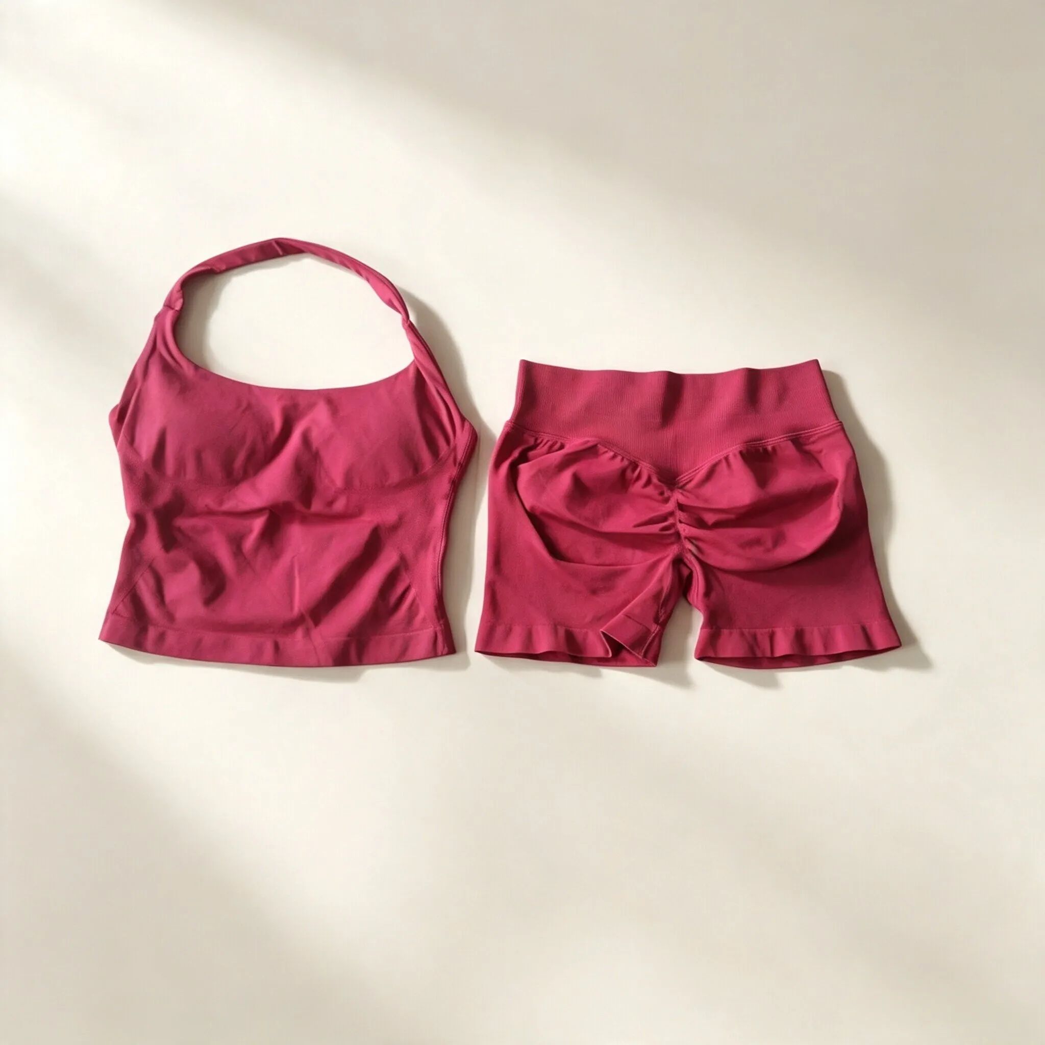 Dneyf 1D-3Y-2F Damen Neckholder Crop Sport-Top & Rüschen Scrunch Butt Shorts 2-teiliges Set Schnelltrocknendes Fitness Yoga Workout Outfit – Detail 21