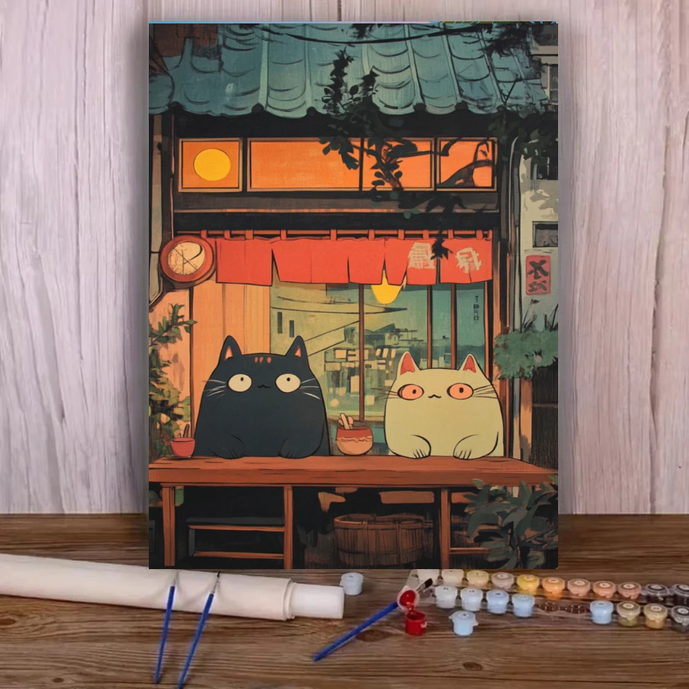 Oil Painting By Number Fat Cats Japandi Style Retro Diner DIY Canvas Art Wall Decor for Game Room or Living Room Gift