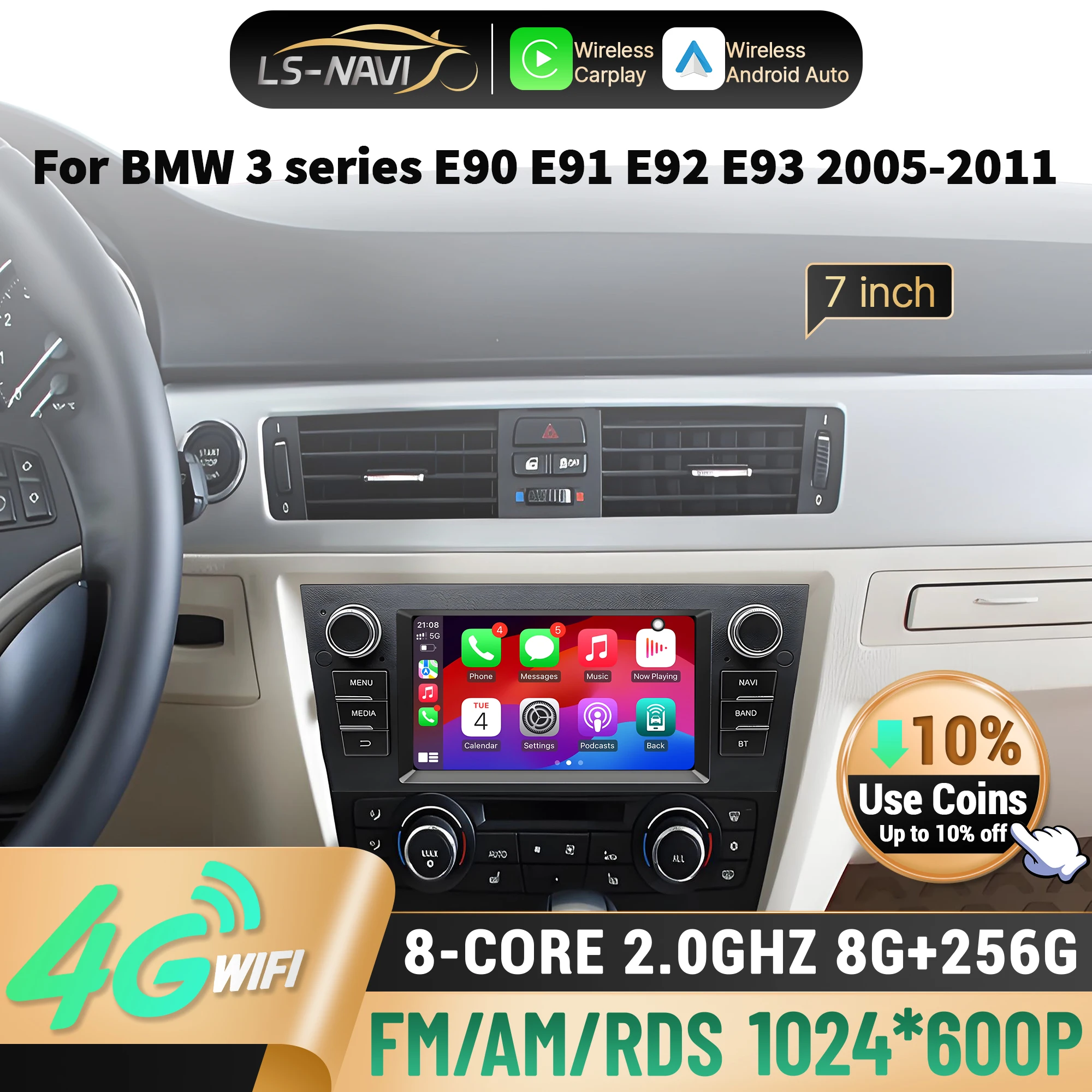 

7 Inch Car Radio for BMW 3 Series E90 E91 E92 E93 2005-2011 Multimedia Wireless CarPlay Head Unit Touch Screen