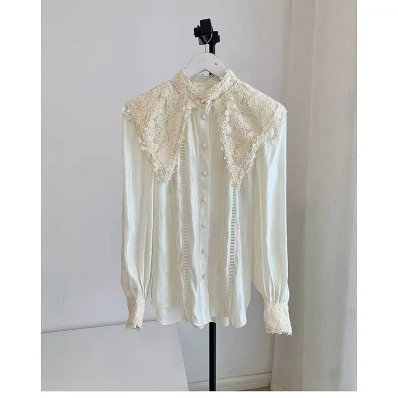 

Женская кружевная лоскутная блузка с длинными рукавами, высококачественная шелковая льняная блузка, рубашка на осень