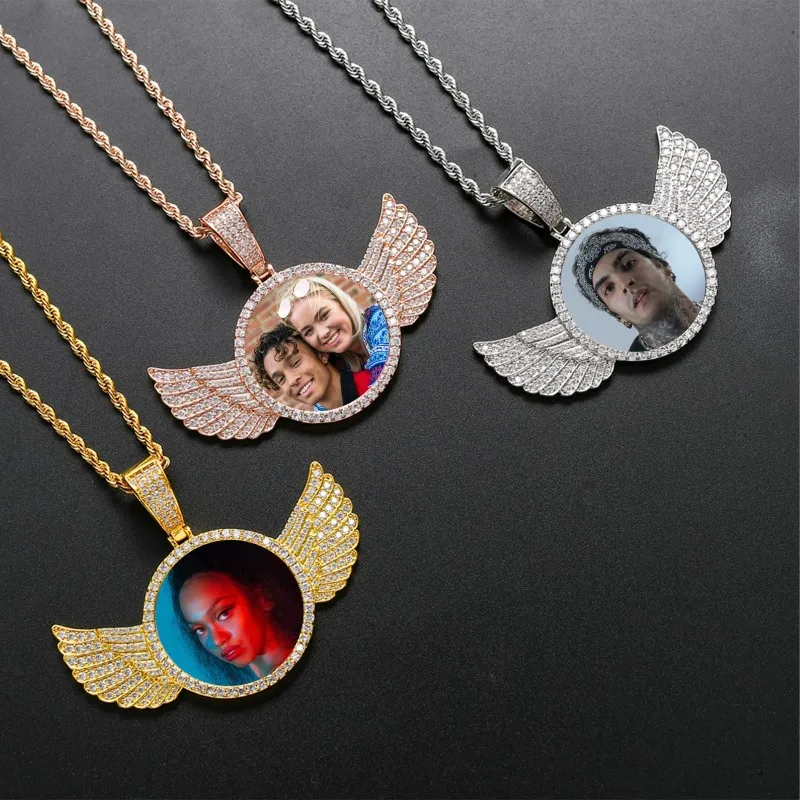 Custom Picture Necklace with Zircon Wing Pendant Personalized Photo Pendant Gift for Him Gifts for Her 18k Gold Hip Hop Jewelry