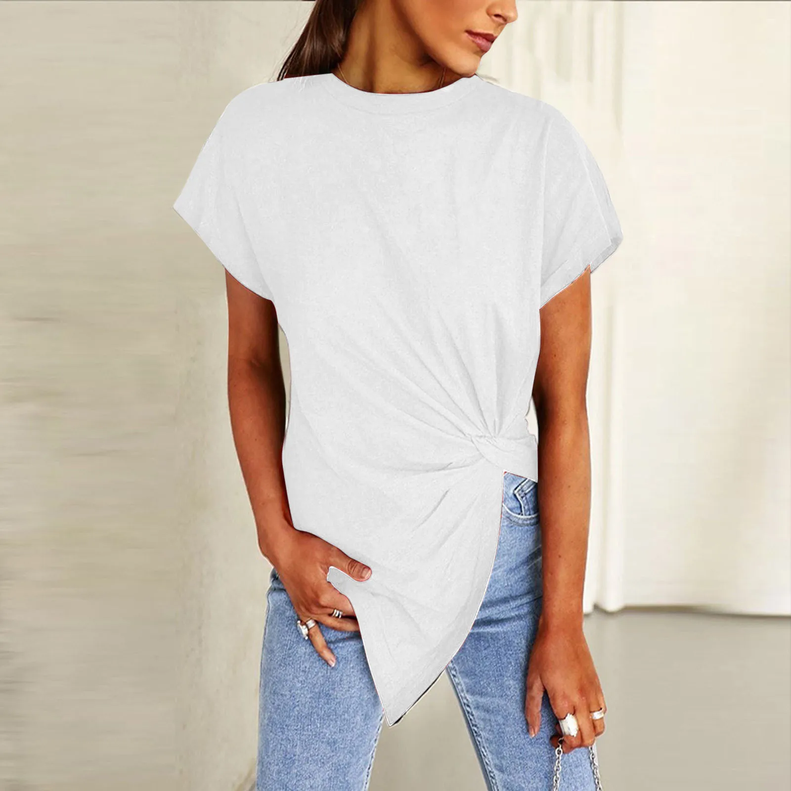 Women Summer Solid Color T-Shirt Top Knotted  Asymmetrical Round Neck Short Sleeve T Shirt Autumn Spring Clothing Female Tops