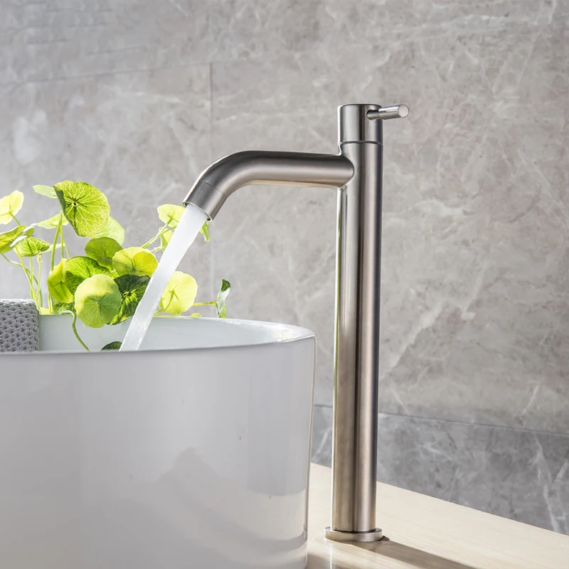 Stainless Steel Quick Open Heighten Single Cold Kitchen Sink Faucet Bathroom Counter Basin Tap