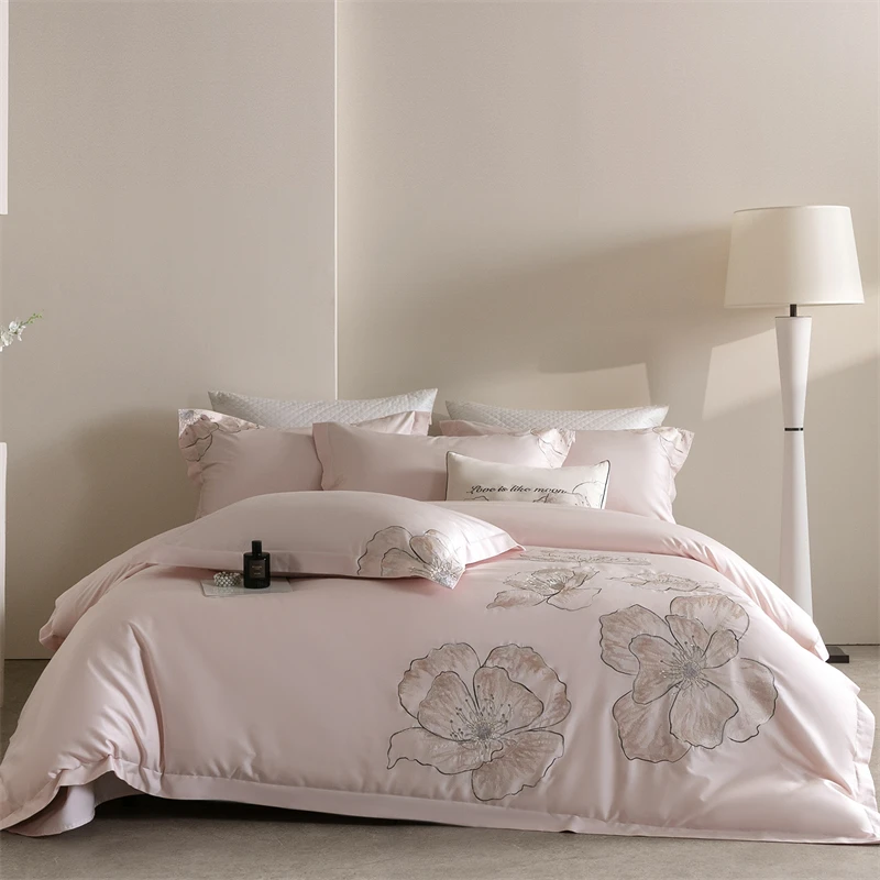 Pink Elegant Flowers Embroidery 100% Cotton Luxury Bedding Set 4Pcs Pure Cotton Duvet Cover Flat/Fitted Bed Sheet Pillowcases