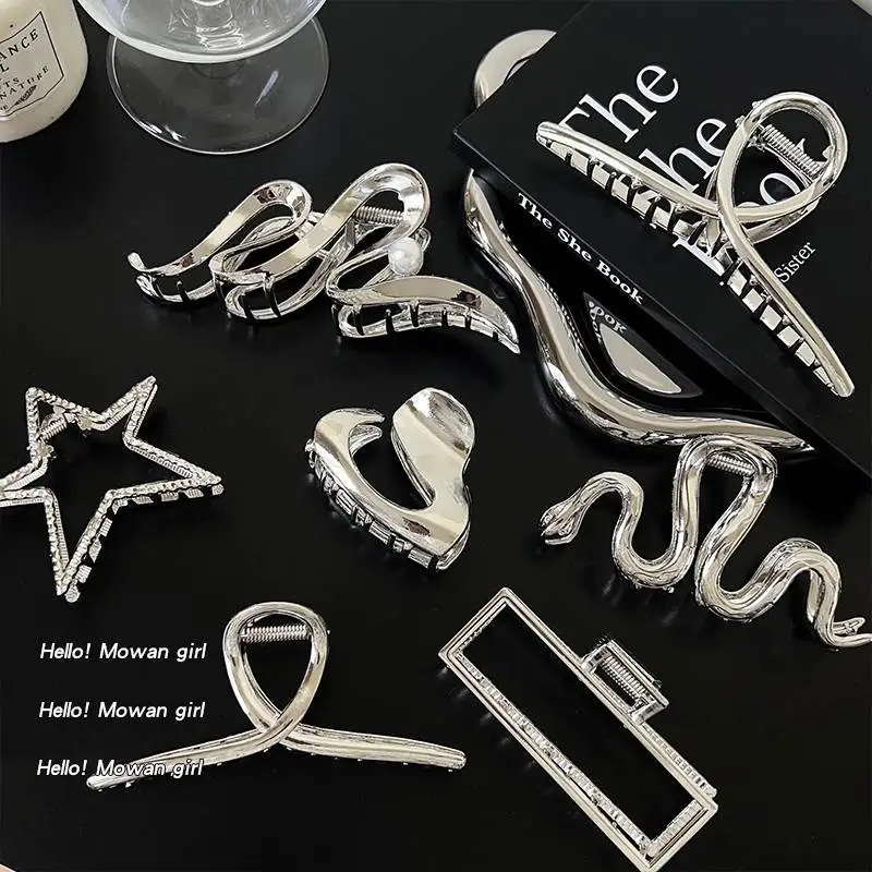 Silver cool metal clip minority cool wind high sensuous dish hair shark clip female back of the head large