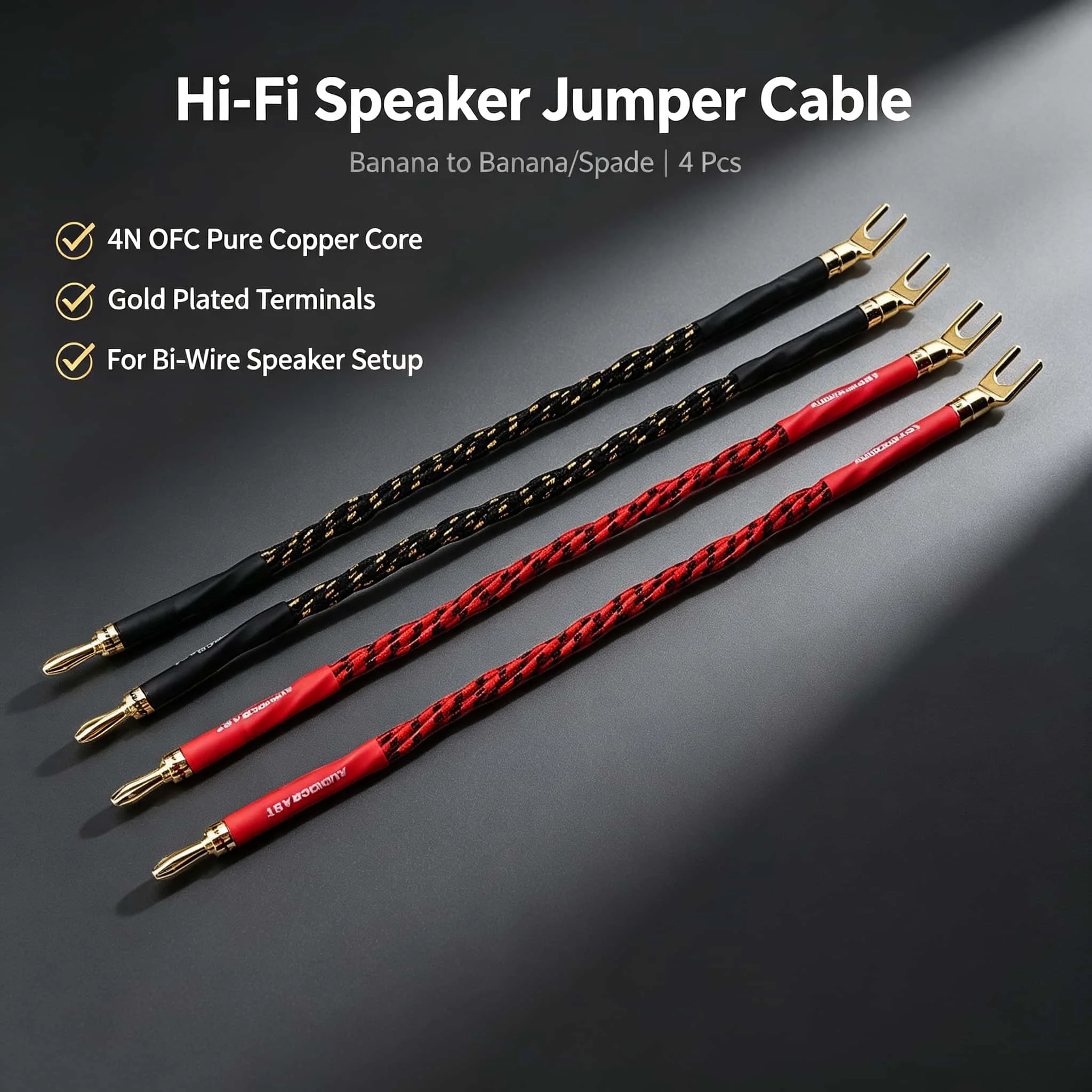 4Pcs OFC Speaker Jumper Cables Gold Plated Banana Plug Bi-Wire HiFi Audio Speaker Bridge Jumper Wire