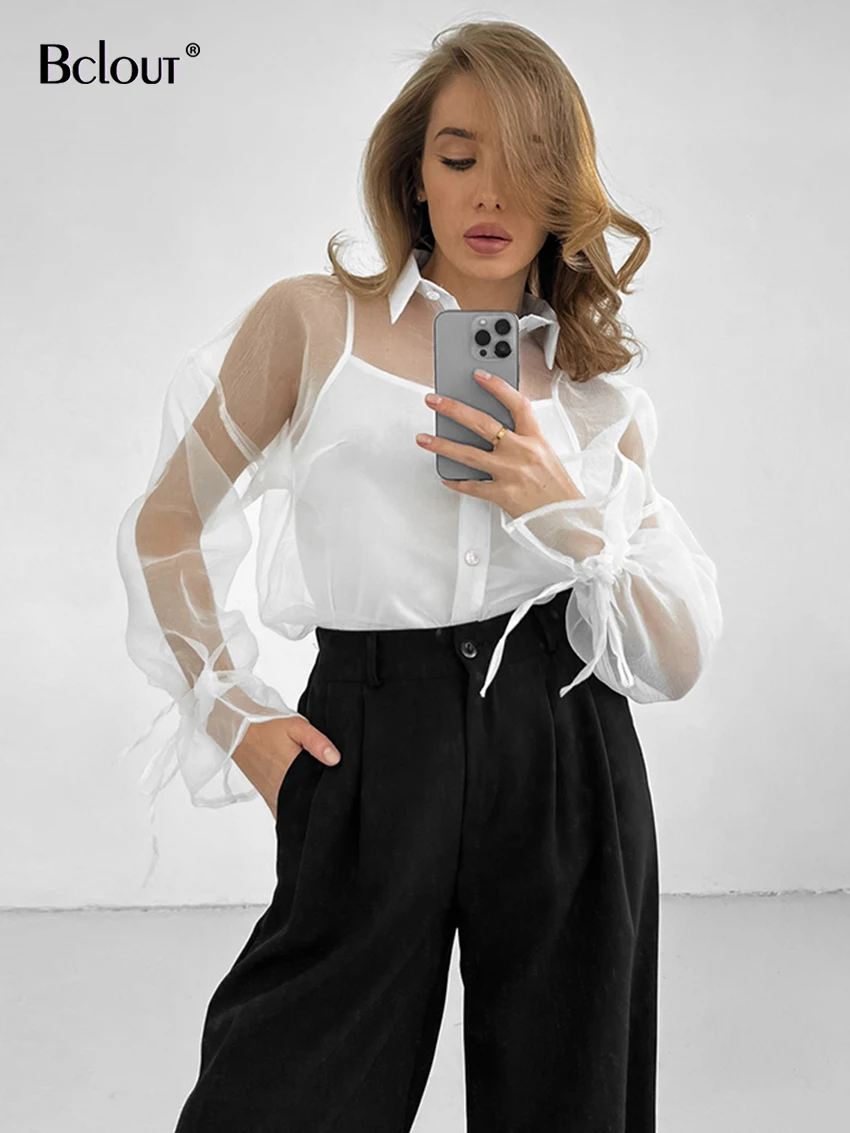 OOTN Fashion White Mesh Shirts Blouses Women Elegant Long Sleeve Lace-Up Loose Shirts Summer Black Transparent Sexy Blouses 2024