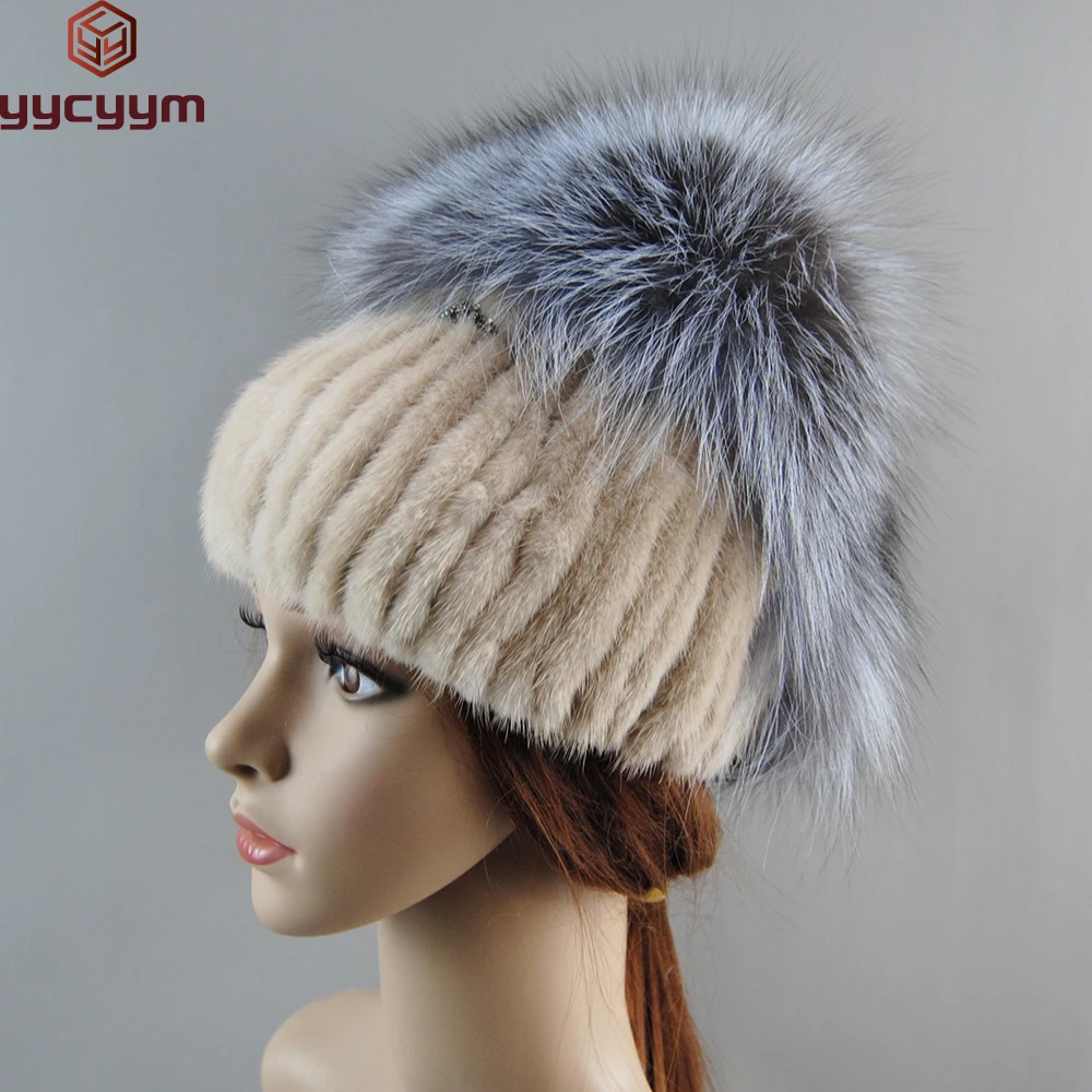 Hot Fashion high quality Real Mink Fox Hat Winter Warm Women Knitting Caps Mink Hats Vertical Weaving With FOX Fur On The Top