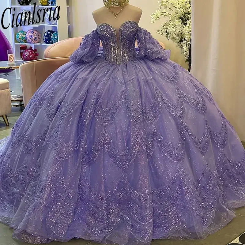

Lilac Long Sleeve Bow Ruffles Quinceanera Dresses Ball Gown Glitter Crystal Sequined Sweet 15 Años Mexican Customized
