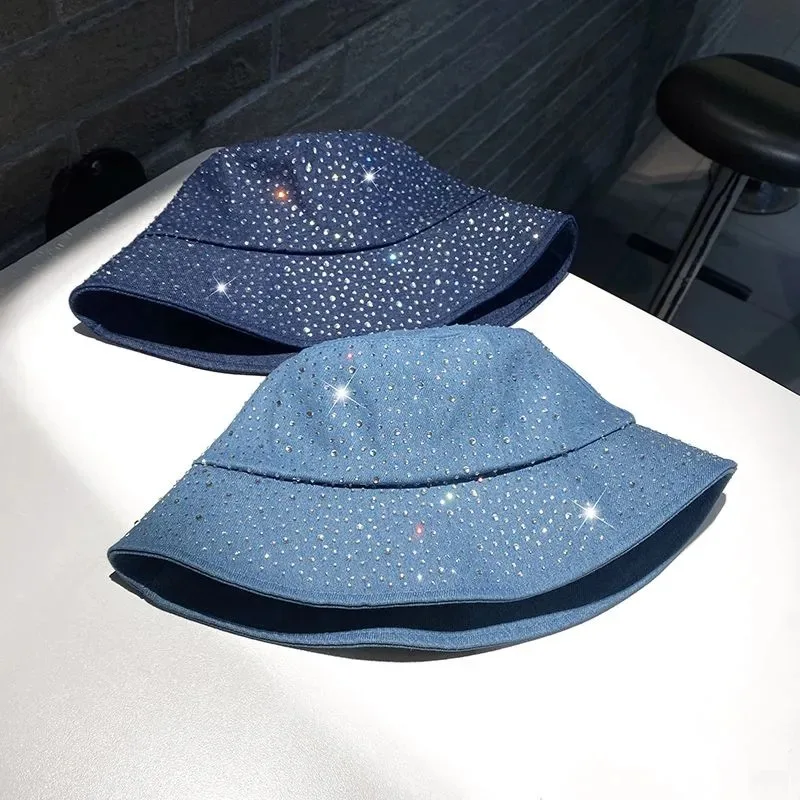 Women Designer Diamond Washed Denim Bucket Hat Ladies Bling Party Jean Rhinestones Fisherman Cap Sun Protection Panama Hats