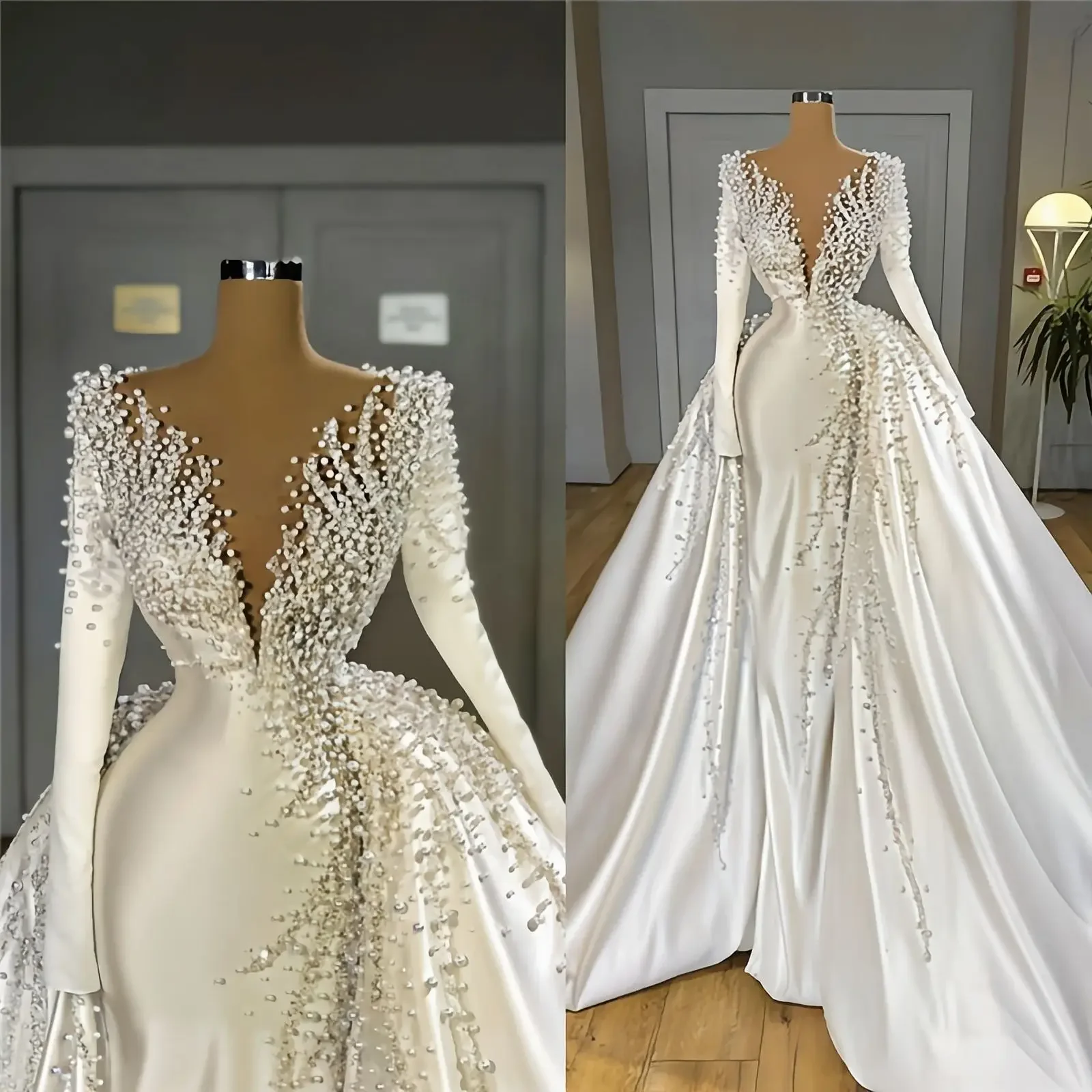 

Customized Long Sleeve V Neck Satin Beaded Detachable Tail Wedding Gorgeous Bridal Slim Fit Modest Wedding Dress 2023