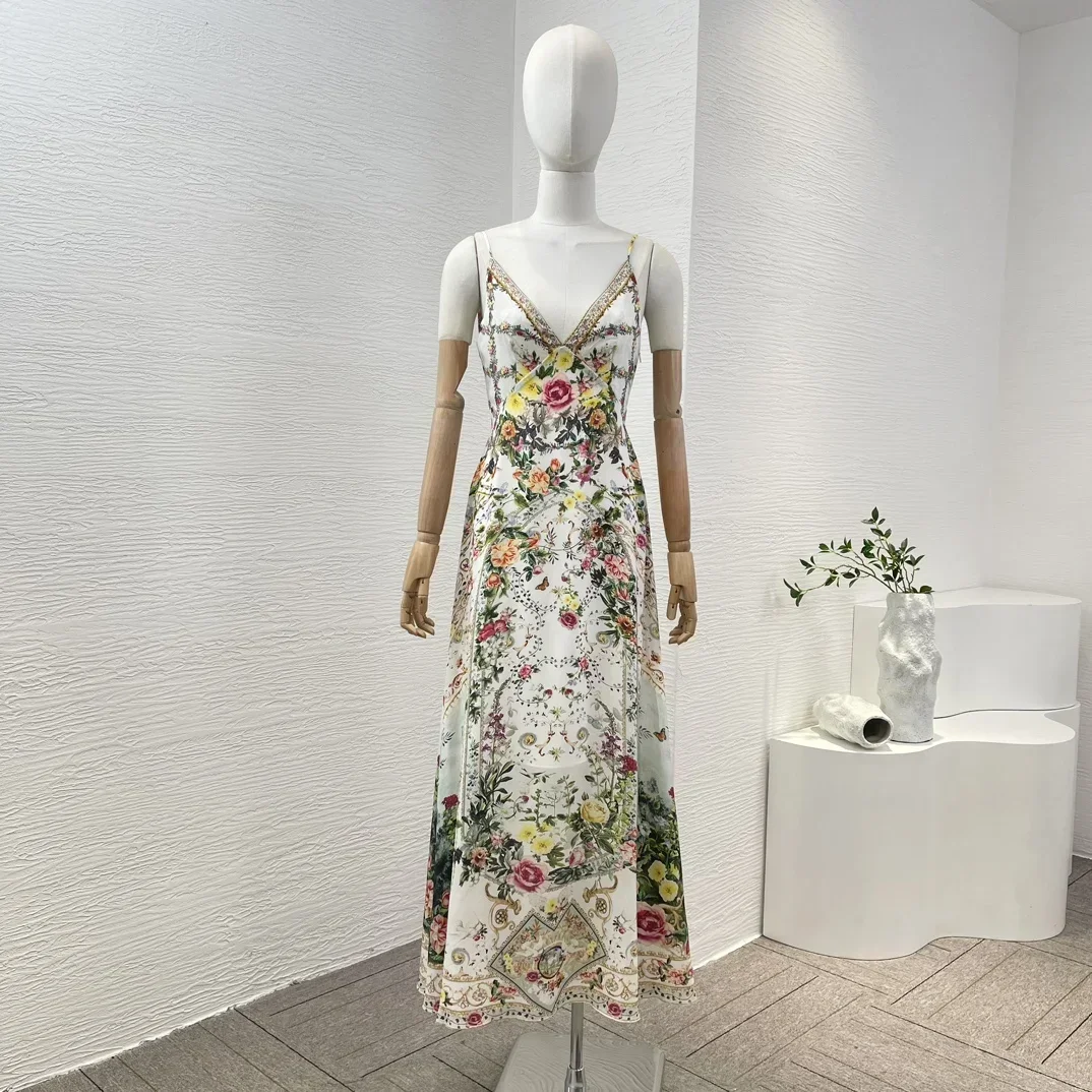 White 2024 Latest Collection Floral Print Sleeveless Backless Tube Silk Women Elegant Midi Dress for Holiday