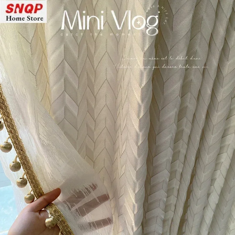 

Fashion Champagne Luxury Modern Embossed Curtains for Living Room Dining Bedroom Blackout Beige French Cream Elegant Tulle
