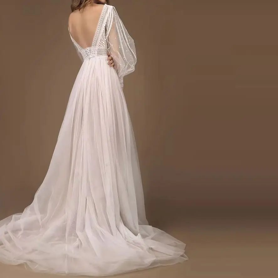 

Индивидуальные элегантные свадебные платья из тюля с иллюзионным кружевом, жемчугом, V-образным вырезом, открытой спиной, длинными рукавами, бальные свадебные платья