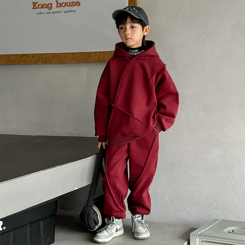 Spring 4-12Y Boy 2PCS Clothes Set Pure Color Long Sleeve Hoodies Loose Fit Spliced Sweatpants Casual Children Boys Comfy Outfits