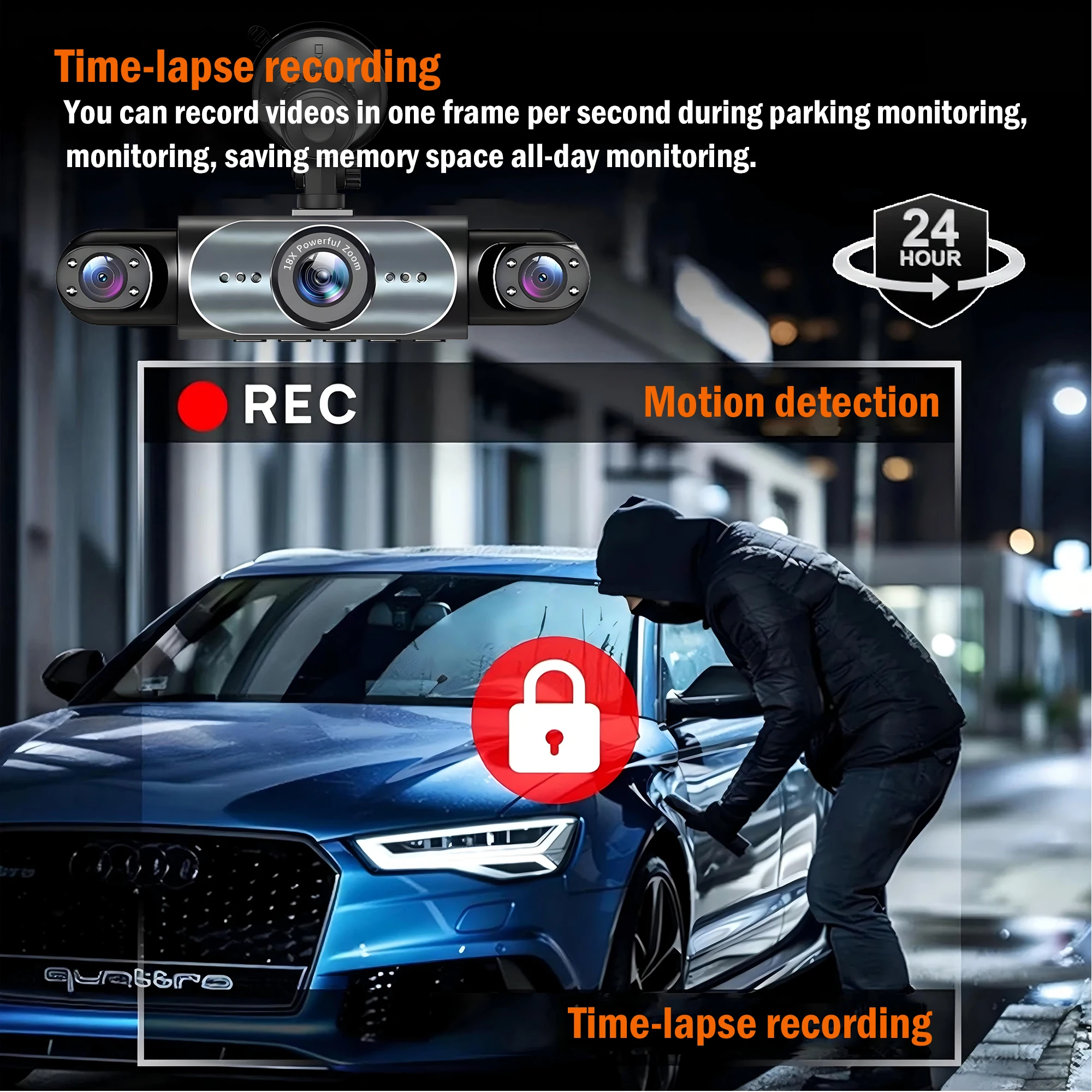 كاميرا داش 4 قنوات 360 °   مسجل فيديو السيارة الصندوق الأسود مع رؤية ليلية 24/7 شاشة ركن السيارة G-Sensor Loop تسجيل قطع غيار السيارات