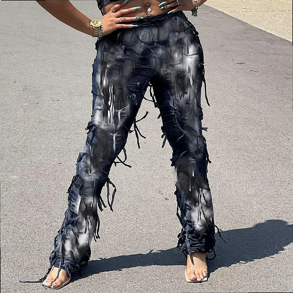 Street Style Tie Dye Fringe Jeans Pants for Women Spring Summer Loose Casual Denim Trousers