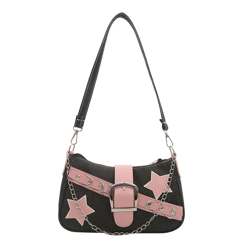 Y2k Fashion Women's Handbags Stars Pattern Cool Girls Underarm Bag Fashion Canvas Female Small Shoulder Bags Chain Tote Purses