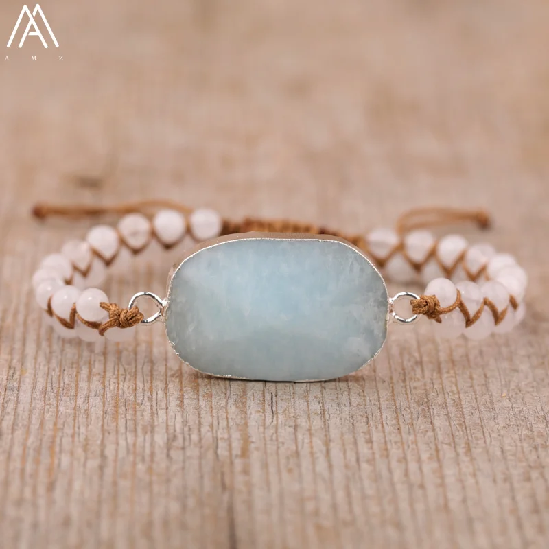 Luxury Women Labradorite Stone Braided Bracelet Natural Aquamrtine Crystals Handmade Bracelet Boho Teengirl Jewelry Gift Bijoux