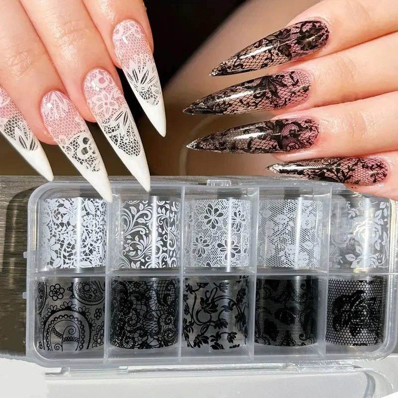 10 لفات أسود أبيض الدانتيل مسمار الفن نقل احباط ورقة Y2K زهرة الدانتيل نمط مثير نمط مانيكير الملحقات #   4*50 سم 2.5*50 سم #